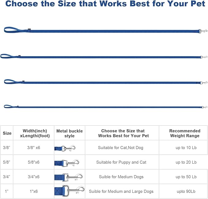 AMAGOOD 6 FT Puppy/Dog Leash, Strong and Durable Traditional Style Leash with Easy to Use Collar Hook, Great for Small, Medium and Large Dogs (3/4 in x 6 ft, Black and Blue (2-Pack))