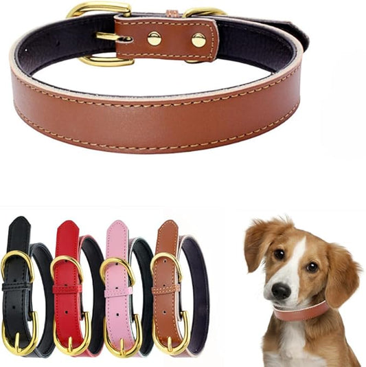 Leather Dog Collar for Dogs, Soft Touch Padded Thick Genuine Cowhide Gold Buckle Durable Pet Cat Puppy Collars Adjustable for XS Small Medium Dogs, Brown L