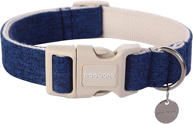 DOGWONG Cotton Hemp Dog Collar, Heavy-Duty Blue Dog Collar Adjustable Soft Natural Fabric Cute Wedding Puppy Necklace for Small Medium Large Dogs