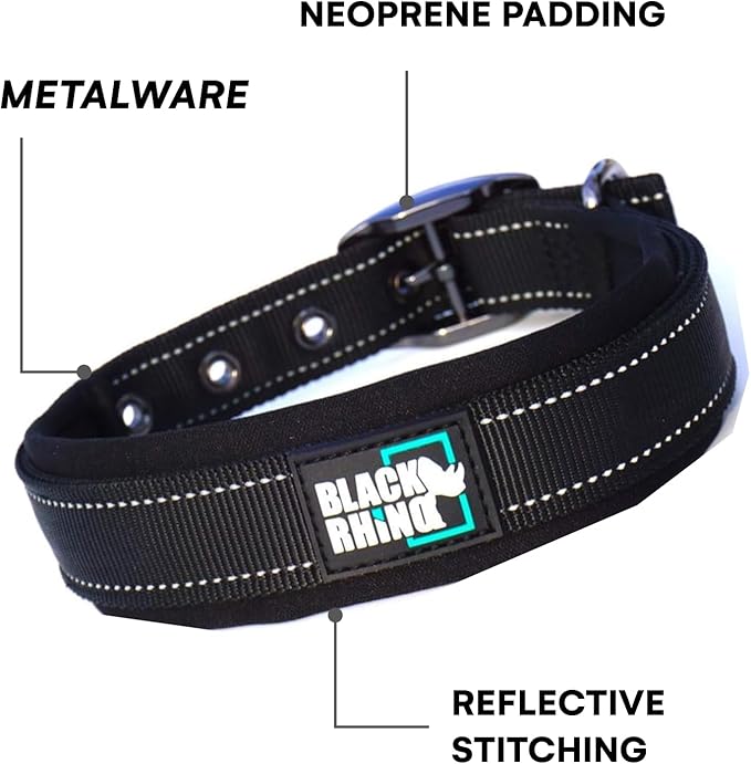 Black Rhino Dog Collars for Large Dogs - Adjustable Reflective Heavy Duty Dog Collar with Ultra-Soft Neoprene Padding - Weatherproof, Durable, and Comfortable - Ideal for Active Dogs - Black