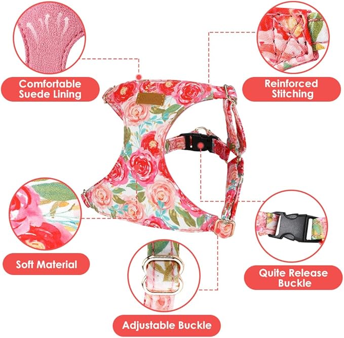 SlowTon No Pull Dog Harness with Leash - Soft Lightweight Floral Pattern Puppy Harness, Adjustable Pet Harness for Small Medium Dogs (Pink Rose XXS)