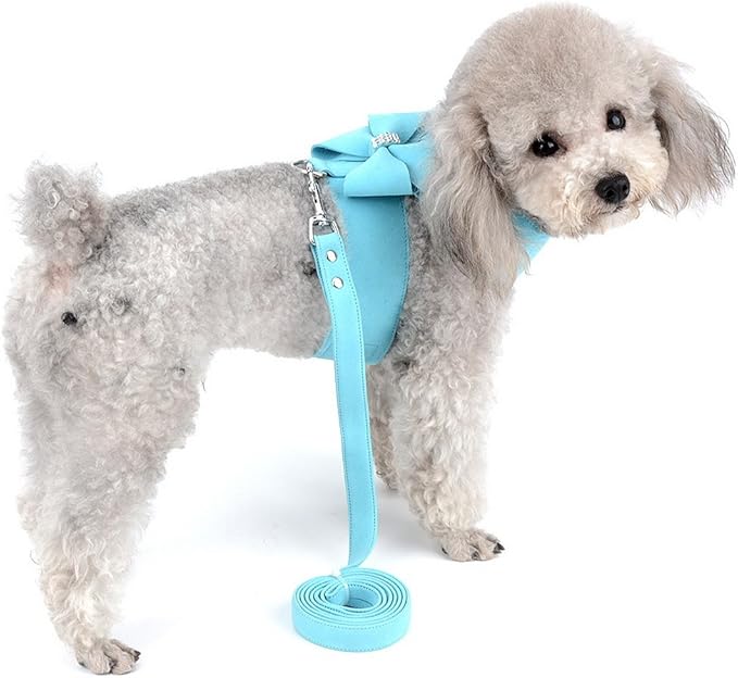 SELMAI Small Pet Dog Cat Bling Rhinestone Harness and Leash Set Bow Girls Soft Ultra Suede Leather, Adjustable/No Pull