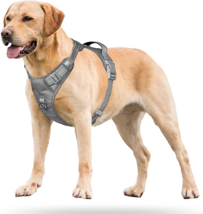 PoyPet No Pull Dog Harness, No Choke Reflective Dog Vest, Adjustable Pet Harnesses with Easy Control Padded Handle for Small Medium Large Dogs(Gray,XL)