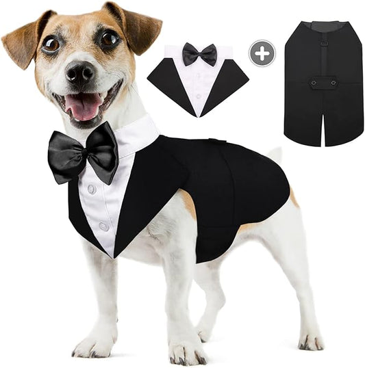 AOFITEE Dog Tuxedo Formal Dog Suit and Bandana Set, Gentle Dogs Wedding Party Suit Bow Tie Shirt, Tuxedo for Small Dogs Costume Outfit with Detachable Bowtie Collar for Christmas Halloween Dress Up