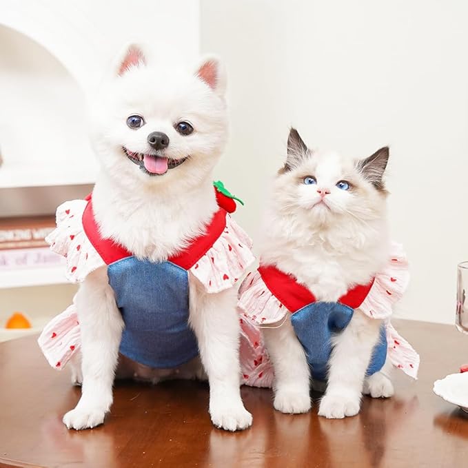 ANIAC Denim Dog Dress Harness with Leash Set Cute Small Dogs Clothes Girl Heart Patterns Puppy Dresses Breathable Mesh Cat Harness Leash Strawberry Chihuahua Yorkie Outfit (White Heart, Small)