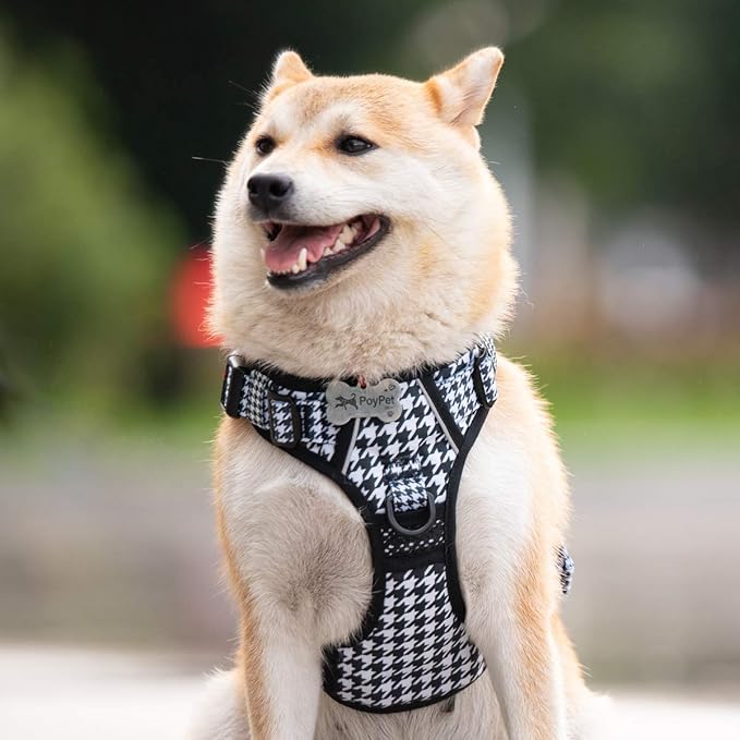 PoyPet No Pull Dog Harness, Reflective Adjustable No Choke Pet Vest with Front & Back 2 Leash Attachments, Soft Control Training Handle for Small Medium Large Dogs(Houndstooth,M)