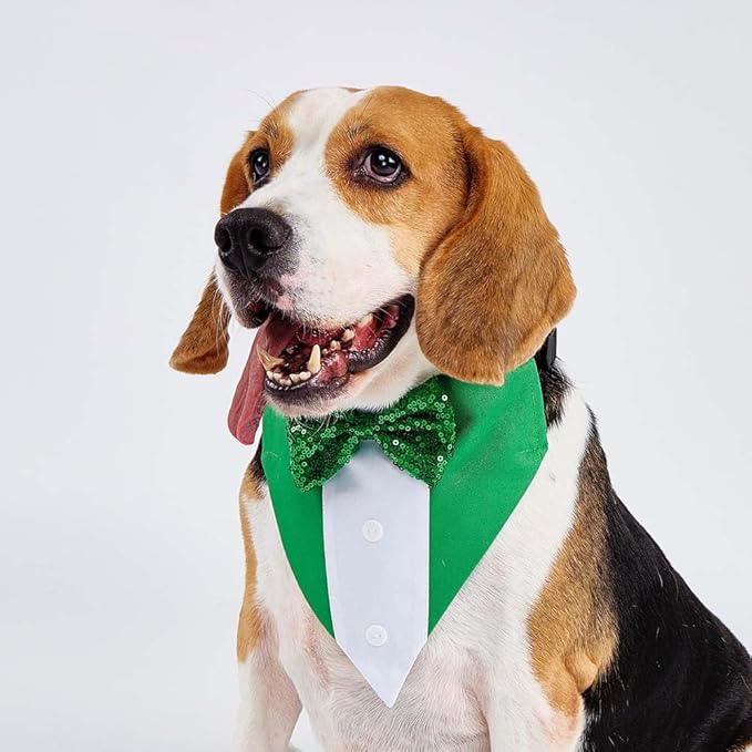 Dog Tuxedo Collar for Wedding Engagement Birthday St. Patrick's Day, Formal Bandana Collar Costume with Bow Tie and Adjustable Buckle,Suitable for Small Pup. (Green, S)