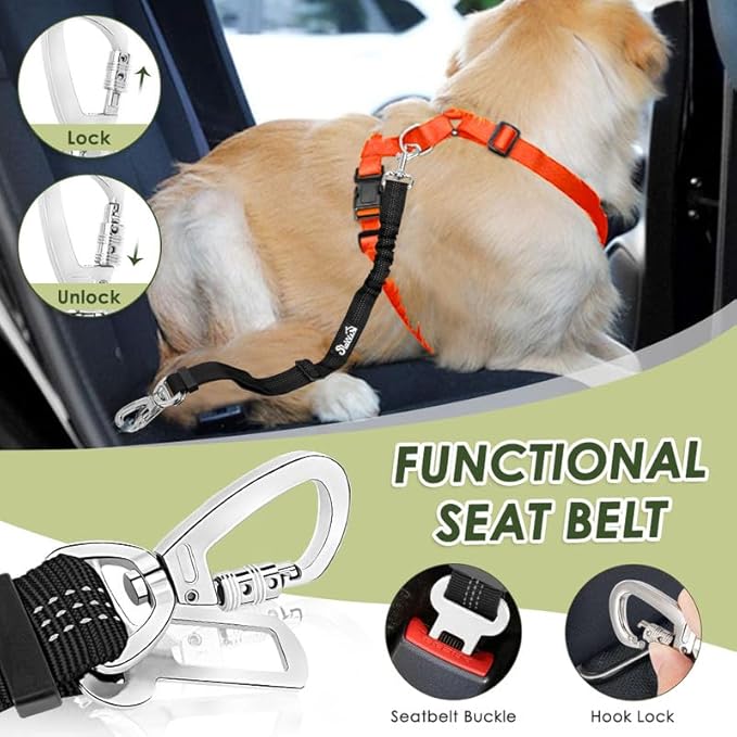 SlowTon Dog Seat Belt Harness for Car, Dog Car Harness Adjustable Mesh Breathable & Dog Seatbelt Safety Tether with Elastic Bungee for Small Medium Large Pets(Orange, Double Clip, XXXS)