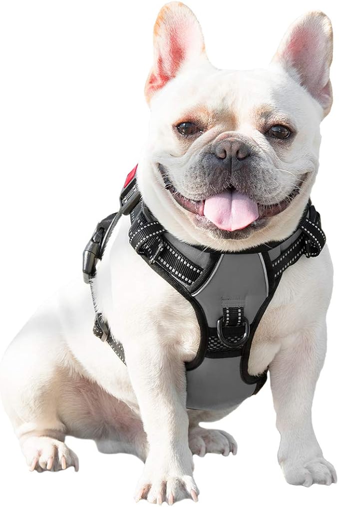 PHOEPET No Pull Dog Harness Medium Reflective Front Clip Vest with Handle,Adjustable 2 Metal Rings 3 Buckles,[Easy to Put on & Take Off](XL, Grey)