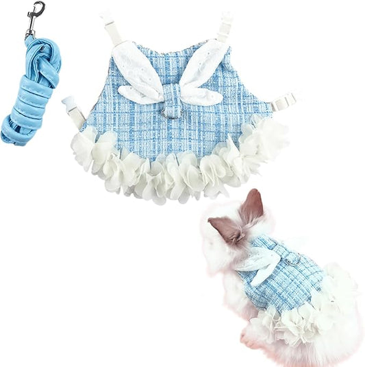 Bunny Rabbit Ferret Harness and Leash Set, Bunny Clothes for Rabbits, Small Animal Guinea Pig Dress Clothes for Kitten Ferret Chihuahua Puppy Mini Dog (Blue,M)