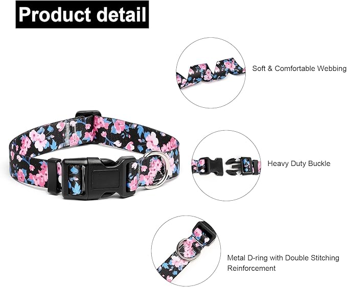 Adjustable Dog Collar with Patterns, Ultra Comfy Soft Nylon Breathable Pet Collar for Small Medium Large Dogs (M, Pink Blue Flower)