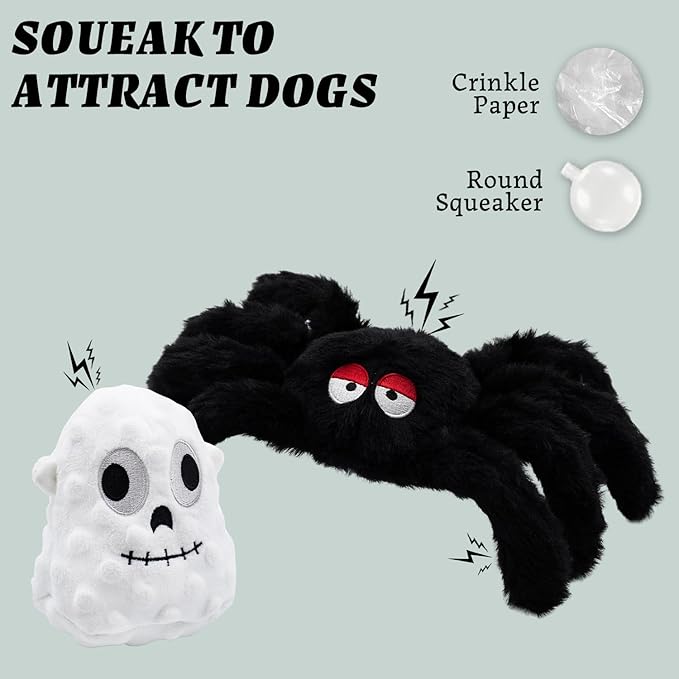 Squeaky Dog Toys Dog Chew Toy Plush Aggressive Stuffed for Puppies- Funny Dog Toys, Spider + Ghost, 2-Pack Everyday Presents Holiday Surprises Gift to Small and Medium Breeds PUPS