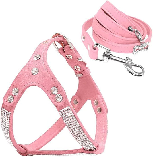 Beirui Soft Suede Leather Dog Harness and Leash Set - Rhinestone Dog Harness Sparkly Crystal Vest & 4 ft Lead for Small Medium Large Dogs Pets Poodle Beagle Corgi,Pink,Chest for 17-20"