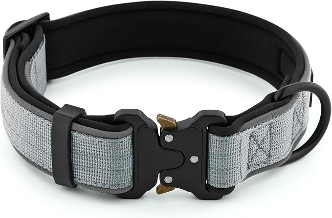 Plutus Pet Tactical Dog Collar, Reflective, Adjustable Heavy Duty Dog Collar, Soft Padded and Comfortable, for Small Medium and Large Dogs (Gray, L)