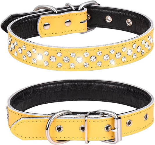 Rhinestone Dog Collar, Adjustable Cute Dazzling Sparkling Soft Leather Dog Collar Crystal Diamond Pet Dog Puppy Collar (S, Yellow)