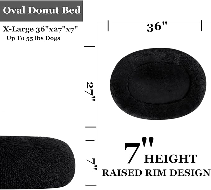Coohom Oval Calming Donut Cuddler Dog Bed,Shag Faux Fur Cat Bed Washable Round Pillow Pet Bed(30"/36"/43") for Small Medium Dogs (XL(36"x27"x7"), Dark Grey)