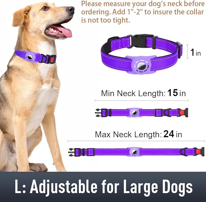 Airtag Dog Collar with AirTag Holder for Large Dogs, Reflective, Soft Padded & Safety Locking Buckle, Nylon Pet Collars Adjustable for All Breeds, Purple,L