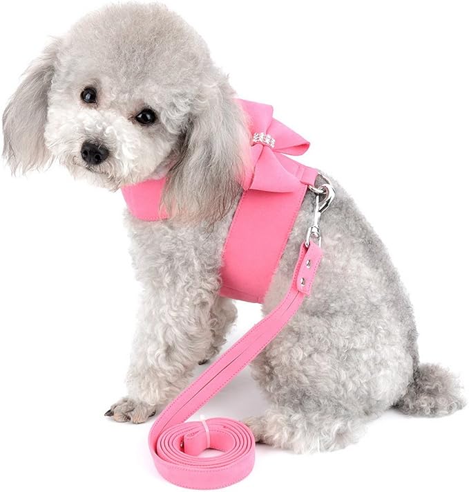 SELMAI Small Pet Dog Cat Bling Rhinestone Harness and Leash Set Bow Girls Soft Ultra Suede Leather, Adjustable/No Pull