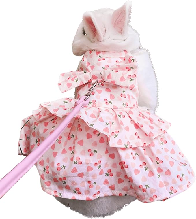 Rabbit Leash and Harness Set Adjustable Bunny Dress Rabbit Clothes Outfit for Small Pet Ferret Guinea Pig Squirrel Hamster (Dark Pink,L)