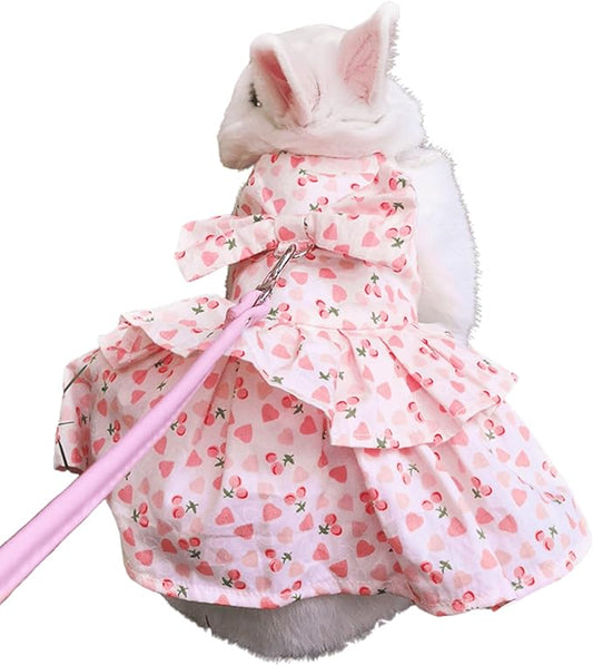Rabbit Leash and Harness Set Adjustable Bunny Dress Rabbit Clothes Outfit for Small Pet Ferret Guinea Pig Squirrel Hamster (Dark Pink,L)