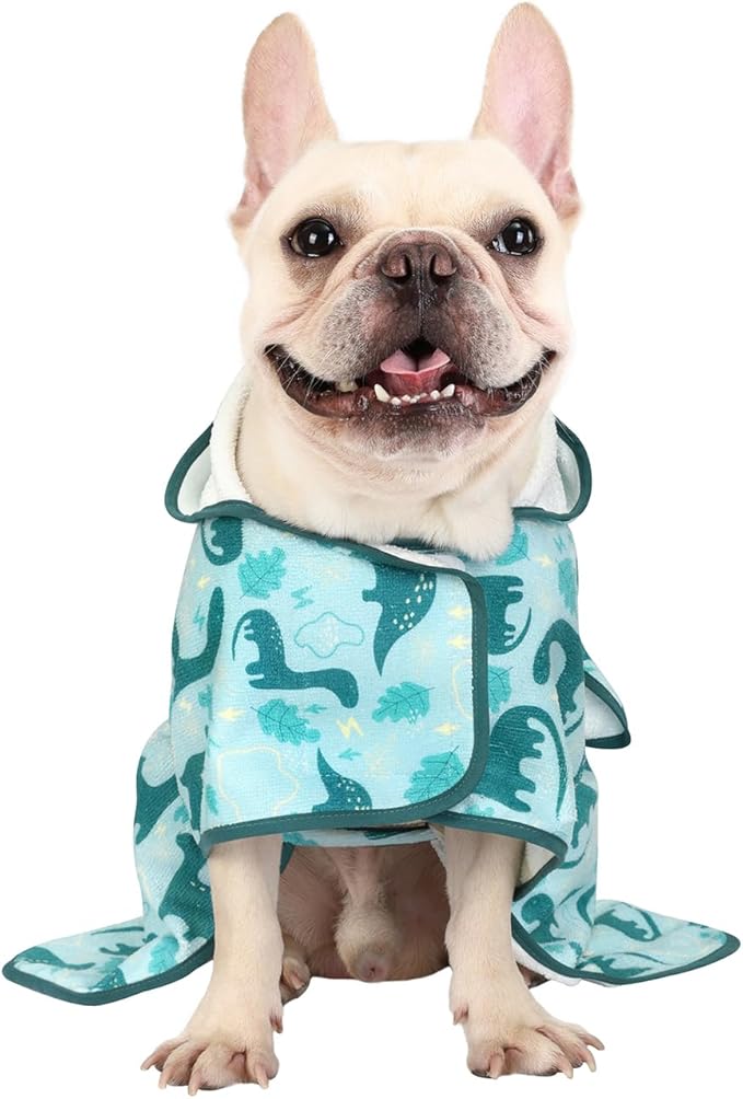 HDE Dog Bathrobe Super Absorbent Quick Drying Towel with Hood for All Dog Breeds Sizes S-XXL - Dinosaurs - S