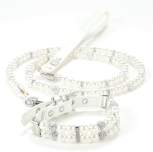 White Pearl Small Dogs, Beaded Cat Collar Leash Set Leather Puppy Necklace with Crystal Rhinestone Diamond Adjustable for Girl Kitten XXSmall Small Medium Female Dogs Wedding & Birthday, XS
