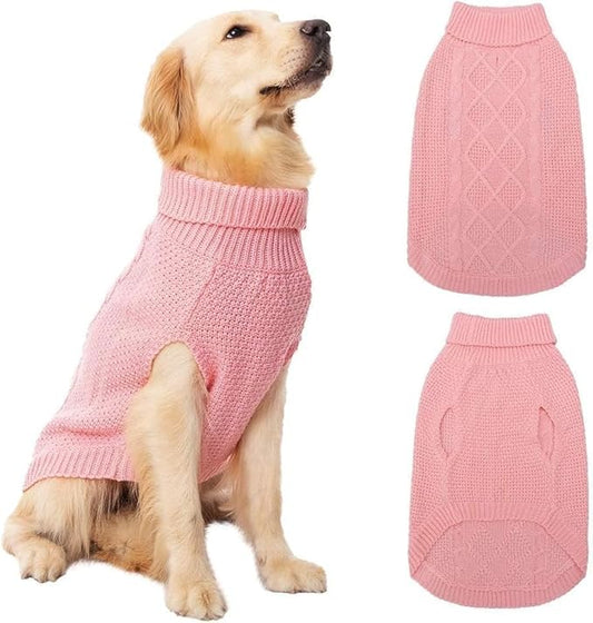 Mihachi Turtleneck Dog Sweater - Winter Coat Apparel Classic Cable Knit Clothes with Leash Hole for Cold Weather, Ideal Gift for Pet in New Year Flesh Pink X-Large