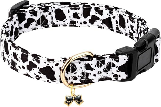 Cotton Dog Collar,Soft and Cute Puppy Collars with Crow Patterned Design for Girl Female Boy Dogs,Adjustable Buckle Pet Collar for Small Medium Large Dogs (Cow Print, L)