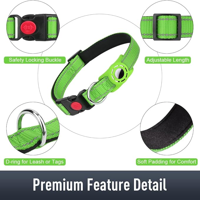 Airtag Dog Collar with AirTag Holder for Puppy Small Dogs, Reflective, Soft Padded & Safety Locking Buckle, Nylon Pet Collars Adjustable for All Breeds, Green,XS