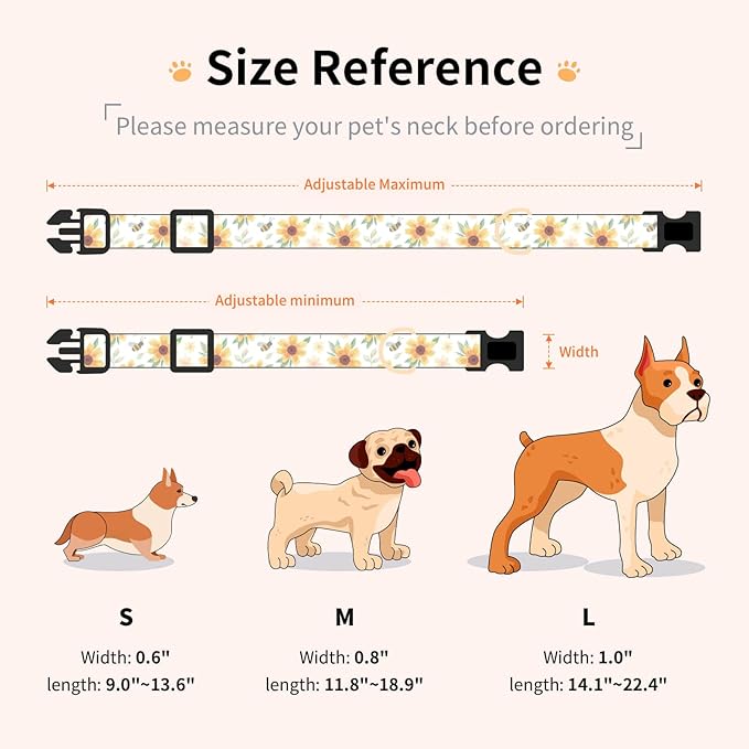 Cotton Dog Collar,Adjustable Cute Puppy Collar with Moon Patterned Design for Small Medium Large Dogs,Soft and Fancy Pet Collar with Safety Buckle for Girl Boy Dogs (Yellow Sunflower, S)