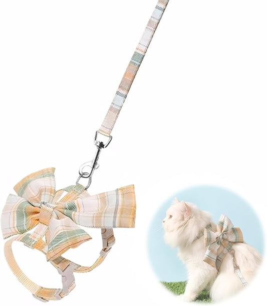 Cat Harness and Leash Set for Safe Walking, Bow Tie Cat Collar Harness, Adjustable Soft Travel Kitten Harness for Small Medium Large Cats (Yellow Bow-M)