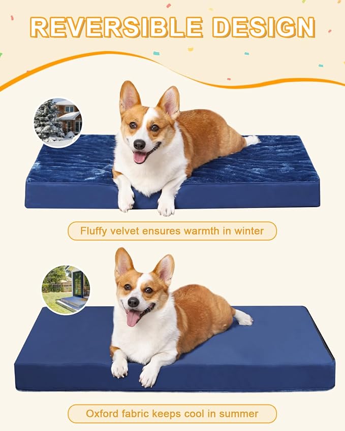 KSIIA Orthopedic Dog Bed - Waterproof Crate Bed for Medium Dogs, Deluxe Plush Washable With Egg Crate Foam & Removable Cover, 29 x 18 Inch, Blue