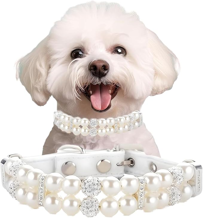 Dog Collars with Pearls, Beaded Cat Collar Pu Leather Puppy Necklace with Crystal Rhinestone Diamond for Girl Kitten XXSmall Small Medium Female Dogs Jewelry Wedding & Birthday Party, M, White