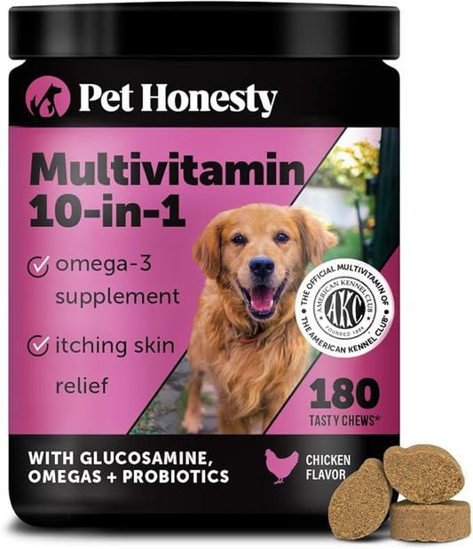 Dog Multivitamin - 10 in 1 Dog Vitamins for Health & Heart - Omega Fish Oil, Glucosamine & Probiotics - Dog Vitamins and Supplements for Skin and Coat (Chicken 180 ct)