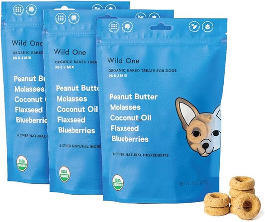 Wild One Organic Natural Crunchy Baked Dog Treats Made in The USA Peanut Butter & Jelly 8 Ounce 3 Pack