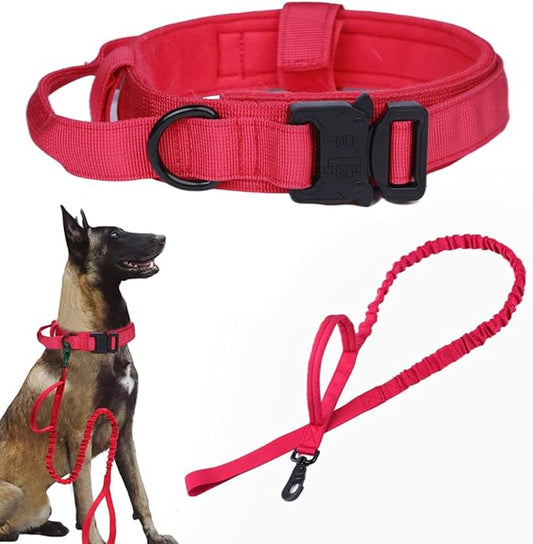 Xqpetlihai Tactical Dog Collar and Leash Set Adjustable Military Nylon Dog Collar with Control Handle and Heavy Duty Metal Buckle for Large Dogs（Red M