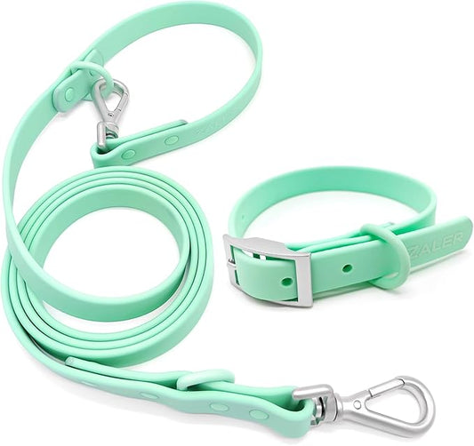 ZALER Dog Collar and Leash Set, Waterproof Adjustable Odor Proof Pet Collars Leashes Easy to Clean, 6FT Dog Leash with 2 Hooks for Large, Medium Small Dogs (M, Mint Green)