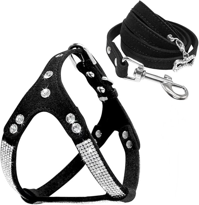 Beirui Soft Suede Leather Dog Harness and Leash Set - Rhinestone Dog Harness Sparkly Crystal Vest & 4 ft Lead for Small Dogs Pets Bulldog Schnauzer Cocker,Black,Chest for 14-17"