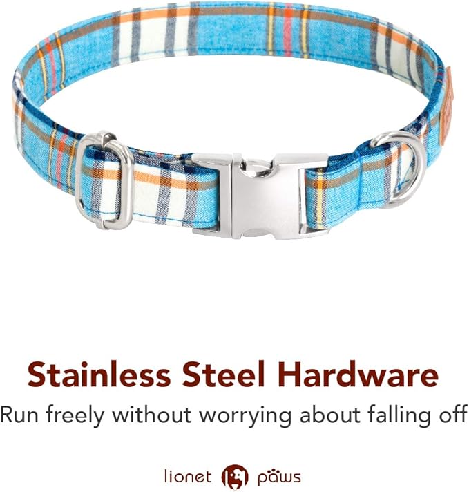 Lionet Paws Boy Dog Collar with Bowtie, Comfortable Adjustable Cute Blue Plaid Bow Tie Collar for Male Dogs Gift, XLarge, Neck 16-26 inches