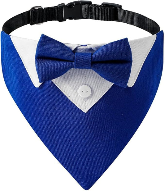 Tuxedo Dog Collar for Wedding Engagement and Birthday, Formal Dog Bandana Collar Costume with Bow Tie and Adjustable Buckle,Suitable for Small Medium Large Dog. (Blue, S)