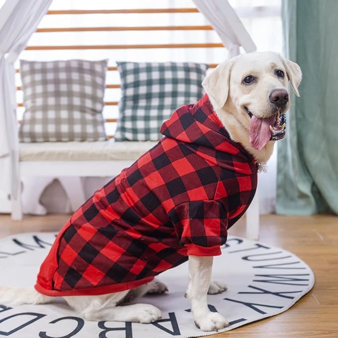 EXPAWLORER Plaid Dog Hoodie - British Style Warm Dog Sweater Shirt with Leash Hole,Pitbull Clothes Outfits,Winter Coat Apparel for All Breeds Puppy Girl Boy-Cat Apparel