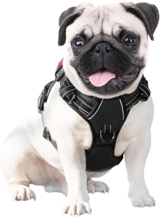 PHOEPET No Pull Dog Harnesses for Small Dogs Reflective Adjustable Front Clip Vest with Handle 2 Metal Rings 3 Buckles [Easy to Put on & Take Off] (S, Black)