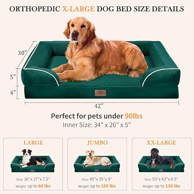 Comfort Expression XL Orthopedic Dog Beds, Waterproof Extra Large Dog Beds with Bolster, Washable Pet Sofa Couch with Removable Cover & Non-Slip Bottom(X-Large,Emerald)