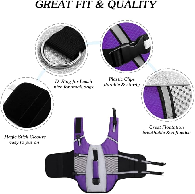 Queenmore Dog Life Jacket Swimming Vest Lightweight High Reflective Pet Lifesaver with Lift Handle, Leash Ring Purple,L