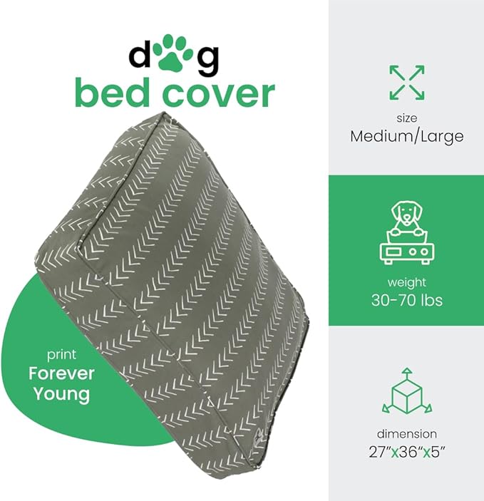 Molly Mutt Medium to Large Dog Bed Cover- Forever Young Print - Measures 27”X36”X5’’ - 100% Cotton - Durable - Breathable - Sustainable - Machine Washable Dog Bed Cover (Dd82b)