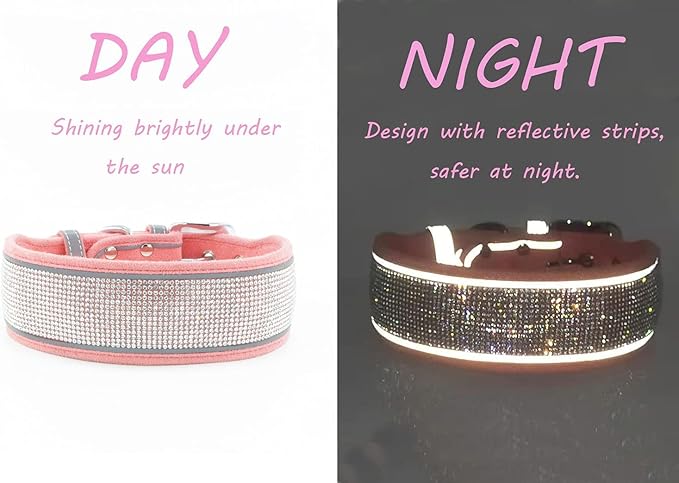 Bling Diamond Dog Collar for Females Girls,Soft Velvet Leather with Fancy Sparkly Crystal Rhinestones,Reflective Stripe,Suit Medium Large Dogs (Red, M)