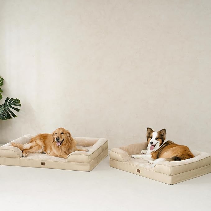 EHEYCIGA Orthopedic Dog Beds for Extra Large Dogs, Waterproof Memory Foam XXL Dog Bed with Sides, Non-Slip Bottom and Egg-Crate Foam Big Pet Couch Bed with Washable Removable Cover, Greige