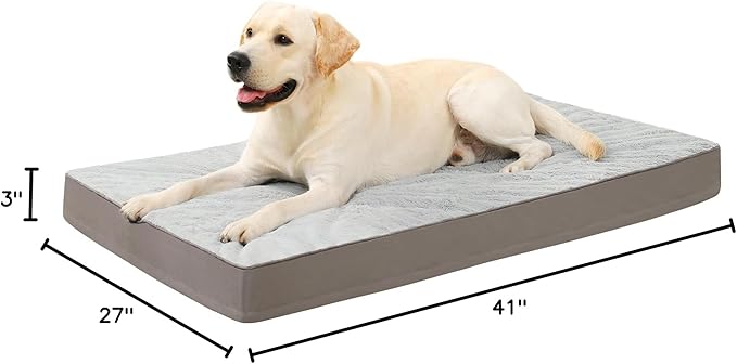 KSIIA Orthopedic Dog Bed, Waterproof, 41 x 27 Inch, Gray, Deluxe Plush, Removable Cover, Durable Zipper, Orthopedic Foam, 3-Inch Thick, For Dogs Up to 80lbs