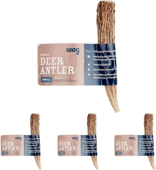 Amazon Brand – Wag Dog Deer Antler Chew, Naturally Shed. Whole, Small (Best for Dogs Under 15 lbs) 4–5.5 inches (Pack of 4)