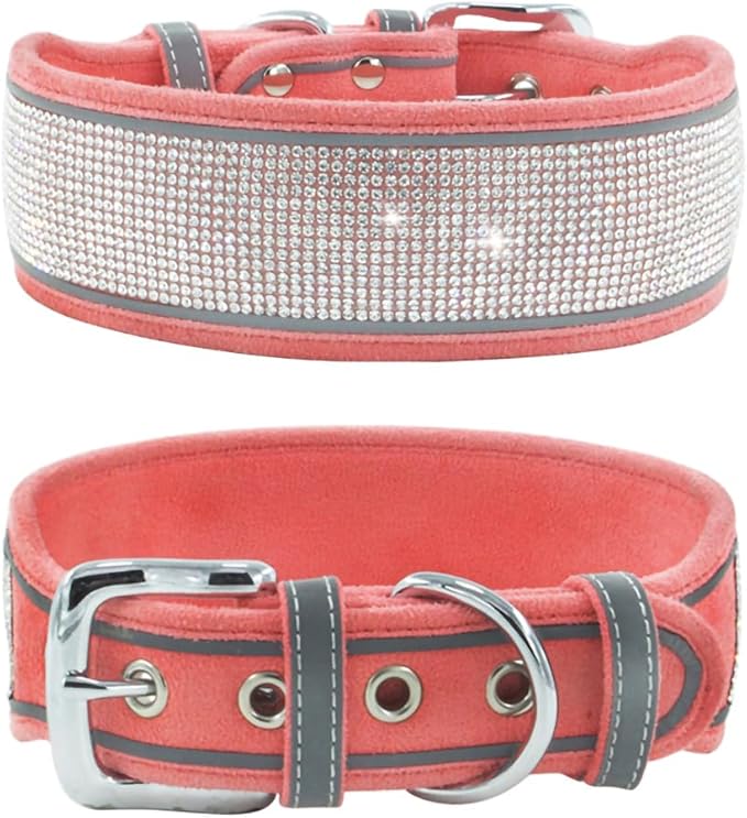 Bling Diamond Dog Collar for Females Girls,Soft Velvet Leather with Fancy Sparkly Crystal Rhinestones,Reflective Stripe,Suit Medium Large Dogs (Pink, M)
